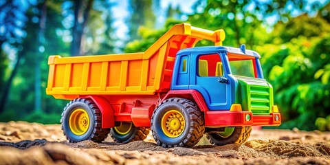 Fototapeta premium Colorful construction truck toy on a white background, ideal for children's play and educational purposes