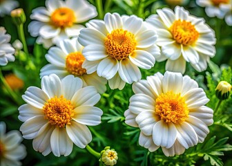 Fototapeta premium Delicate white petals and yellow centers of flor alcatraces, also known as Mexican marigold, bloom amidst lush green foliage in a vibrant outdoor setting.