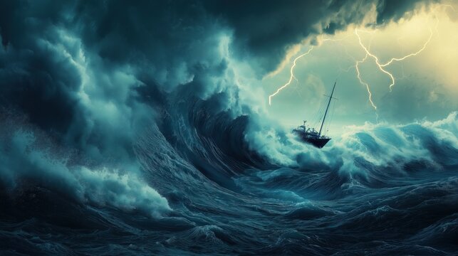 Ocean wave about to crash on a boat during a storm