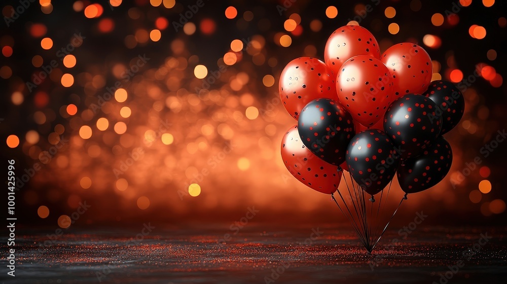 Poster a cluster of red and black polka dot balloons against a background of warm bokeh lights