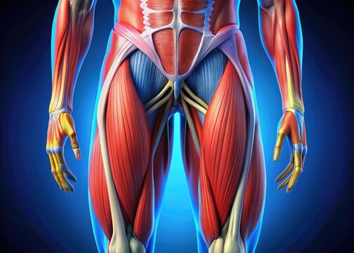 Detailed anatomical illustration of the lateral thigh muscles, highlighting the Tensor Fasciae Latae, Gluteus Medius, and Vastus Lateralis, with precise labeling and vibrant color scheme.