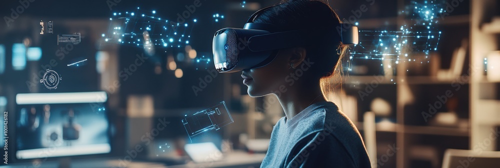 Poster A virtual reality designer creates immersive experiences in a modern studio with floating 3D objects and a VR headset. Generative AI