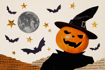Composite trend artwork sketch image collage of autumn season Halloween holiday man pumpkin head witch hat model posing hold moon bat