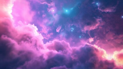Obraz premium A vibrant nebula with pink and purple clouds illuminated by stars in a cosmic background.