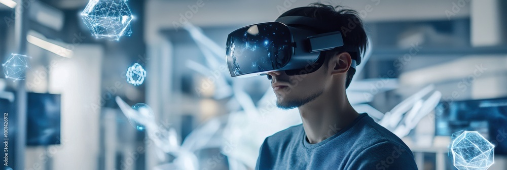 Poster a virtual reality designer works in a modern studio surrounded by floating 3d objects while wearing 