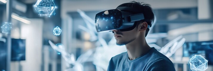 A virtual reality designer works in a modern studio surrounded by floating 3D objects while wearing a VR headset. Generative AI