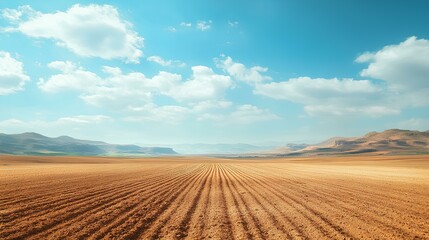 A vast, golden field stretches under a clear blue sky, with distant mountains adorning the horizon.