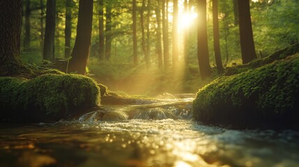 Obraz premium A serene forest scene featuring a stream flowing through lush greenery and sunlight filtering through the trees.