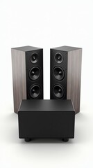 Obraz premium Powerful sound system with two speakers and subwoofer on white background