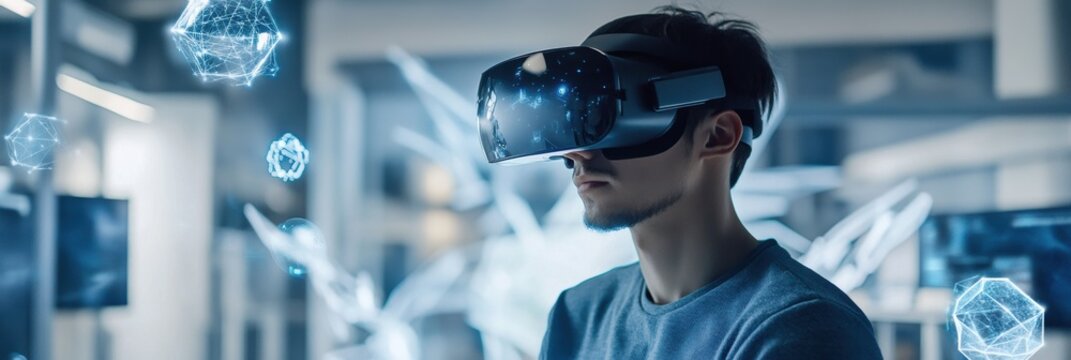 A virtual reality designer works in a modern studio surrounded by floating 3D objects while wearing a VR headset. Generative AI