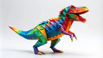 Fototapeta premium Colorful Origami Dinosaur Model on White Background - Creative Paper Folding Art for Kids and Adults