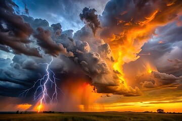 Fototapeta premium Dramatic stormy sky with dark grey clouds and strong lightning bolts illuminating the atmosphere, set against a backdrop of warm orange and yellow hues.