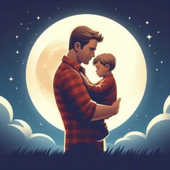 Father and son against the background of the night sky and moon.