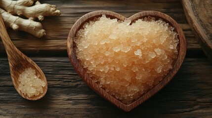 Heart-shaped bowl filled with organic crystals, a natural and healthy alternative to refined sugar, sits on a wooden surface with a wooden spoon containing the same crystals.