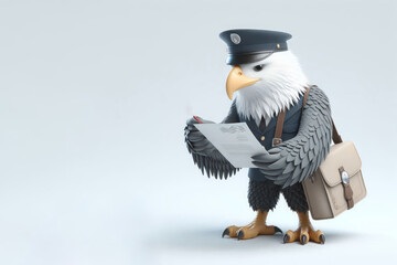 An eagle in a postman's uniform reads a letter. Space for text.