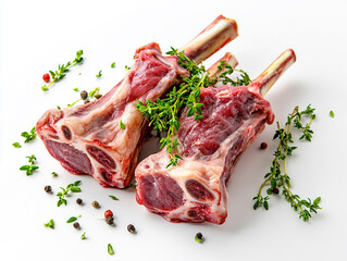 Pieces of meat with a bunch of rosemary on top. 