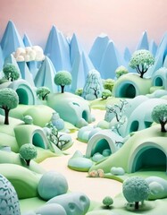 A whimsical minimalist landscape featuring stylized snow-capped mountains, pastel green hills, and small trees. This playful and serene digital scene evokes a sense of peacefulness, ideal for children