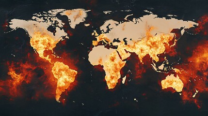 A fiery world map symbolizes climate change threats and global warming, highlighting urgent environmental issues.