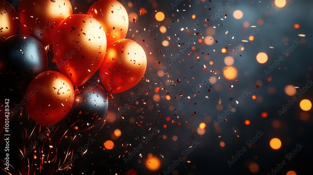 Aufkleber a cluster of glossy balloons in festive colors against a dark background with sparkling confetti fal