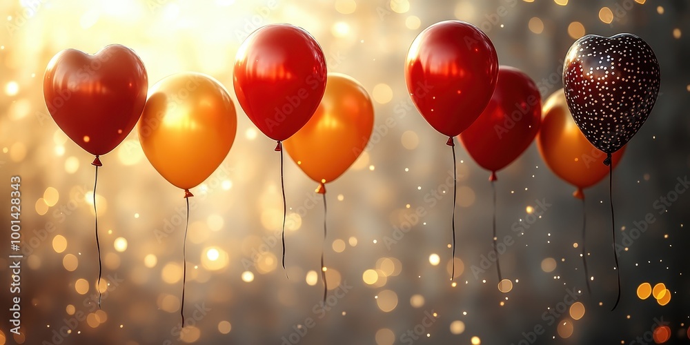 Poster a cluster of red, gold and black heart shaped balloons floating against a backdrop of shimmering gol