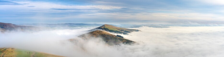 Mam Tor peak valley panorama in Peak District with cloud inversion 