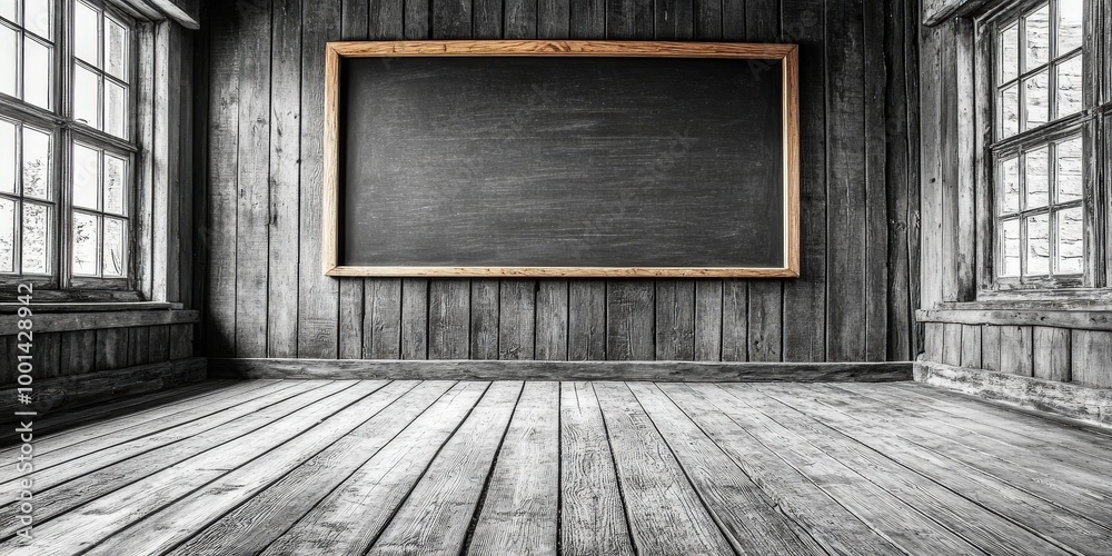 Aufkleber a simple rustic room with a chalkboard, wooden walls and floor, and windows with worn frames.