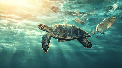 Obraz premium A serene underwater scene featuring a sea turtle swimming gracefully among fish, illuminated by sunlight filtering through the water.