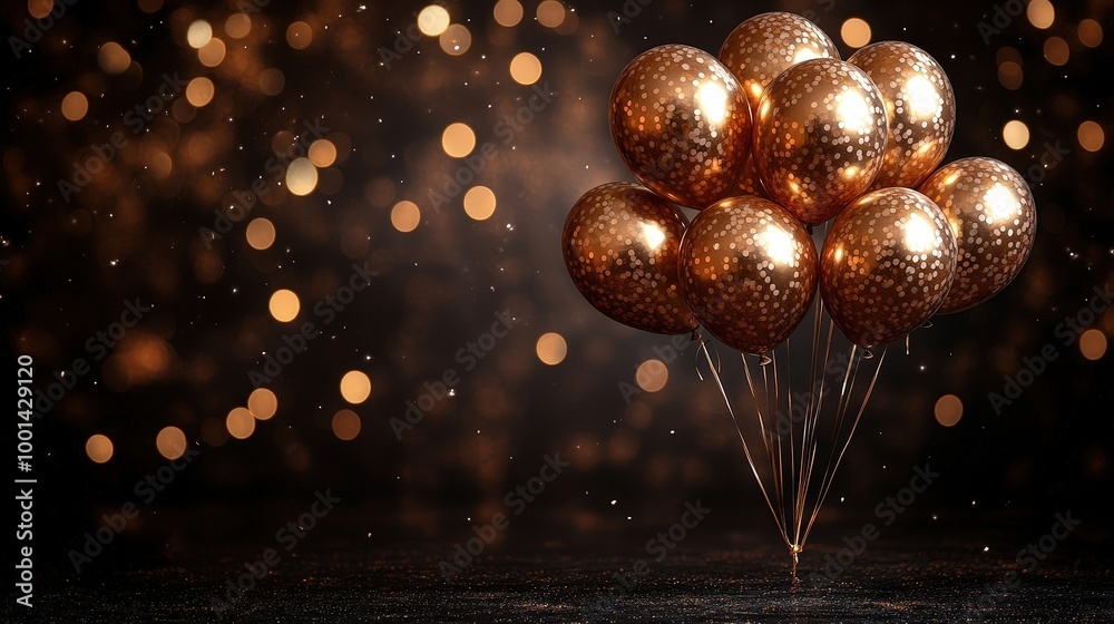 Aufkleber A cluster of golden balloons with confetti patterns floats against a dark background with shimmering golden bokeh lights.