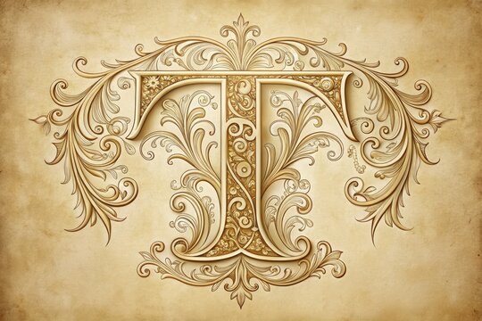 Elegant hand-drawn calligraphy letter "T" adorned with intricate flourishes and ornate details on a textured, creamy background with subtle gradient effect.