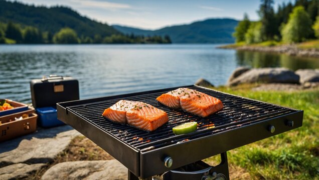 Fresh salmon fillets and vegetables sizzling on a grill by a scenic lake. A perfect outdoor BBQ setting with nature views, ideal for food lovers and camping enthusiasts