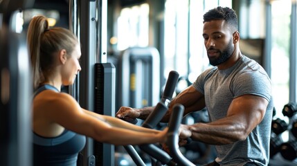 Fototapeta premium A personal trainer assisting a client with proper form on a workout machine in a busy gym.