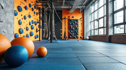 A gym interior with functional training areas, including medicine balls, ropes, and a climbing wall.
