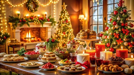 Fototapeta premium Festive holiday gathering features twinkling lights, ornate decorations, and abundant holiday treats amidst a warm and inviting atmosphere of joy and celebration.