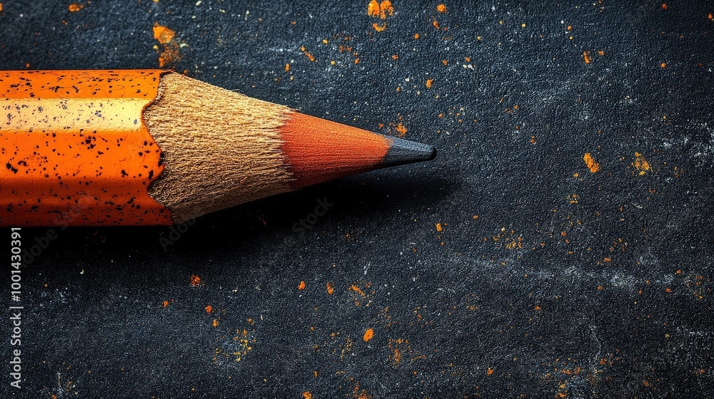 Aufkleber A well-used orange pencil with a graphite tip lying on a textured surface with scattered remnants of orange and white particles