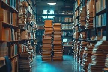 Obraz premium Cozy Library Interior with Stacks of Books and Shelves Filled with Literature in Warm Ambient Lighting