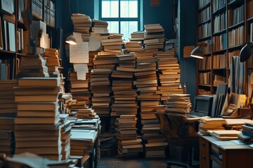 Obraz premium Cozy Library with Stacks of Books and Warm Lighting Creating a Serene and Intellectual Atmosphere