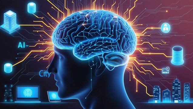 The Neural Web, A 3D depiction of a brain, connected to glowing neural circuits that spread out like a web