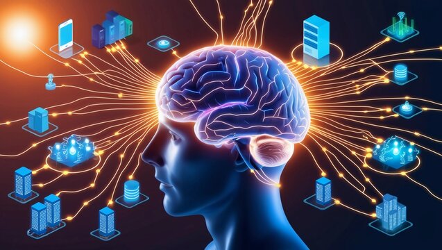 The Neural Web, A 3D depiction of a brain, connected to glowing neural circuits that spread out like a web