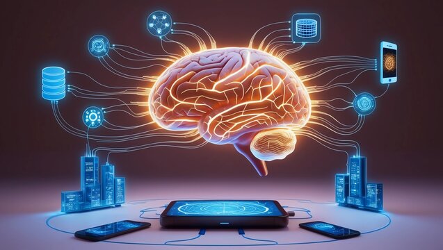 The Neural Web, A 3D depiction of a brain, connected to glowing neural circuits that spread out like a web