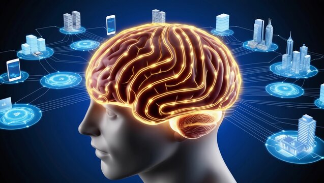 The Neural Web, A 3D depiction of a brain, connected to glowing neural circuits that spread out like a web