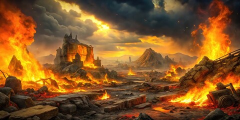 Fiery orange and yellow flames engulf a desolate, ravaged landscape, punctuated by twisted metal and crumbling stone, evoking a sense of intense, eternal suffering.