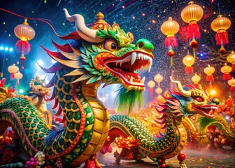 Fototapeta premium Celebrating a Joyful New Year with Vibrant Dragon Symbols and Colorful Festive Decorations