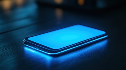 Modern Smartphone with Glowing Screen on Wooden Surface in Low Light Environment