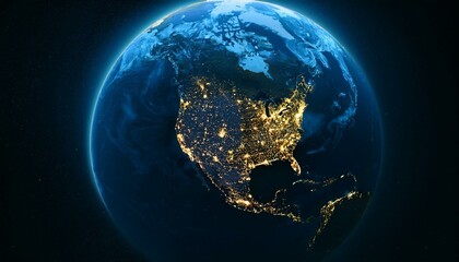 Earth at night, view of city lights in United States from space. USA on world map on global satellite photo. US terrain on dark planet.