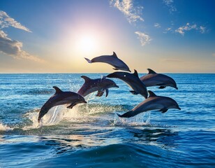 Fototapeta premium 海を背に、数頭の青いイルカが弧を描くように飛び跳ねている。太陽の光が水面に反射し、イルカの視線な体がキラキラと輝きながら、楽しそうに海を駆け抜けていく瞬間