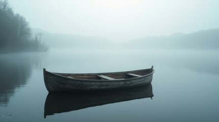 Obraz premium Small boat floating on a misty lake in the early morning.