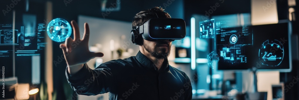 Poster A virtual reality designer explores 3D objects in a modern studio equipped with advanced technology and creative tools. Generative AI