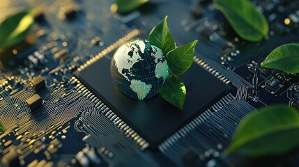 A photorealistic image of a microchip in isometric perspective, with a detailed globe at the center. The ends of the microchip tracks transform 