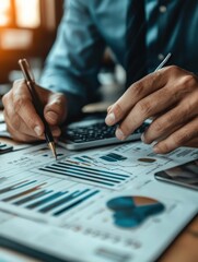 Business Professional Analyzing Financial Data and Graphs with Pen and Calculator in Office Setting