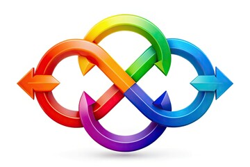 Four converging arrows, each pointing to the center, form a seamless circle, symbolizing unity, wholeness, and infinite connection, with bold lines and vibrant colors.